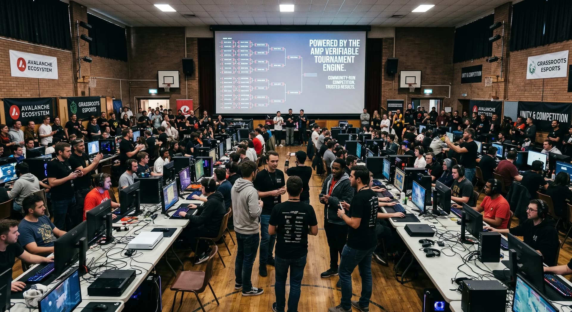 A community gaming tournament in a school gymnasium with Avalanche branding and a projector displaying the live tournament bracket, powered by the AMP Verifiable Tournament Engine.